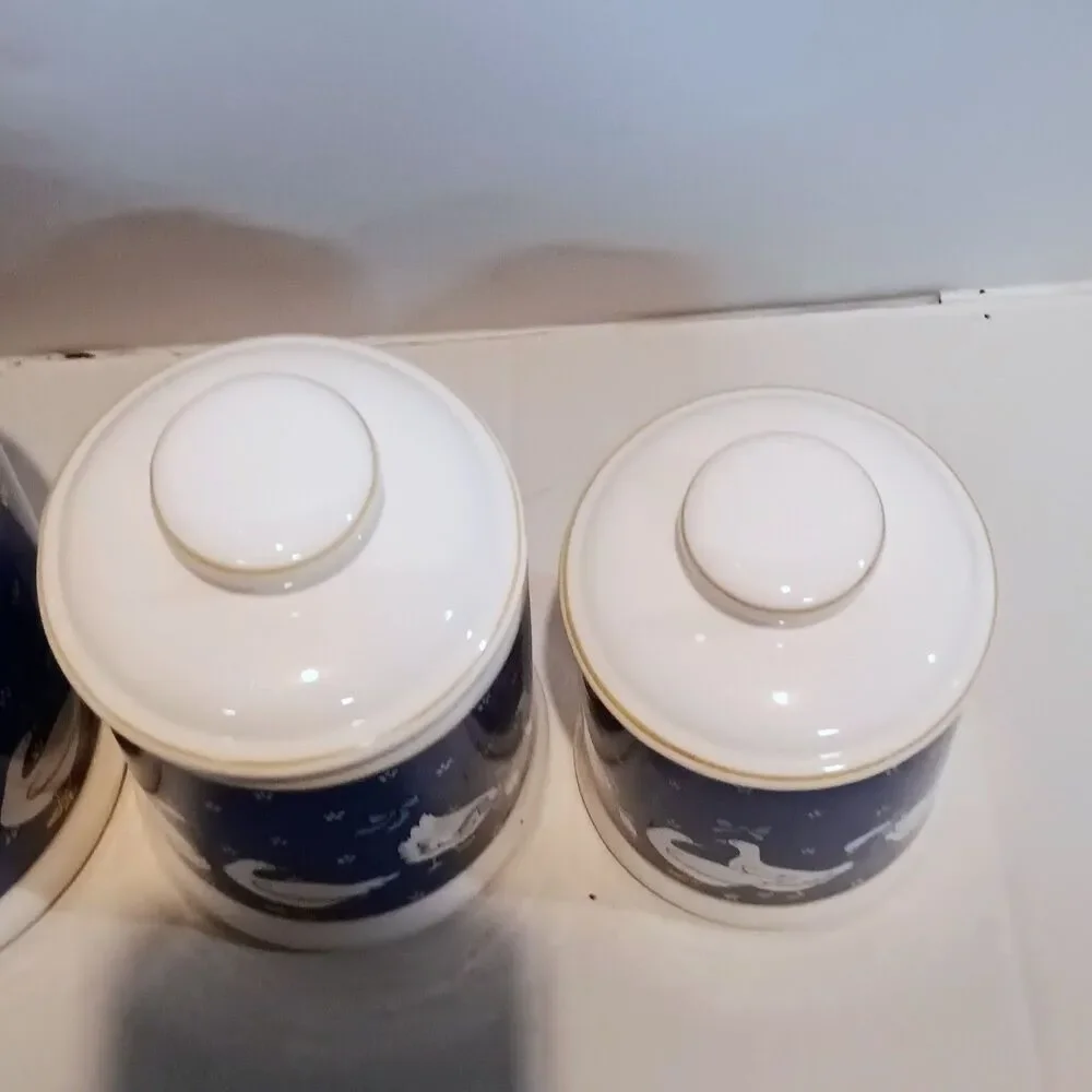 Vintage Ceramic Goose Canister Set-With Lids-Set Of 4-Geese-Ribbons-Country